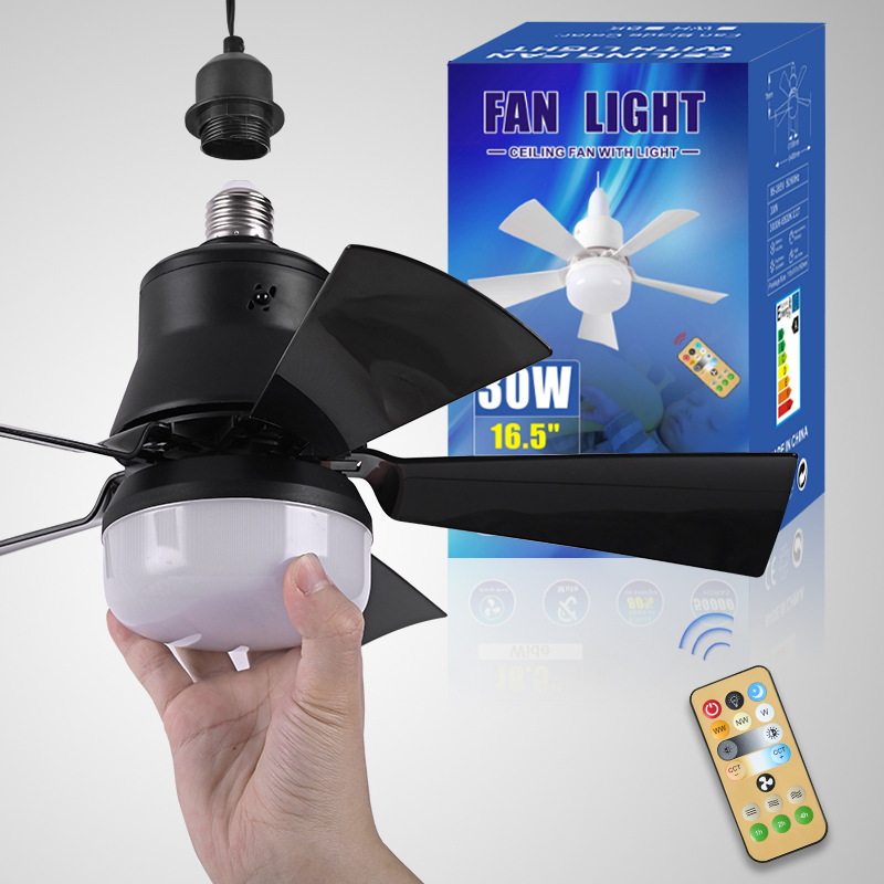 Ventilador de techo con control remoto, luz LED E27 de 30W para atenuación, adecuado para sala de estar, estudio, uso doméstico, 85-265V: Negro