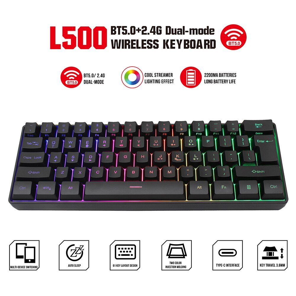 Mini Portable 60% Keyboard Wireless Bluetooth 2.4G Dual mode RGB Backlight Gaming Keyboard SK61 For Desktop PK gk61 keyboard