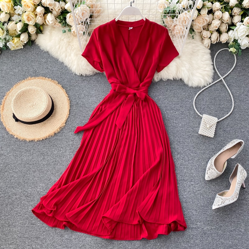 Midi retro Dress Women's Solid Color V-neck Lace-up Waist Slimming over-the-Knee Pleated Dress Office Lady