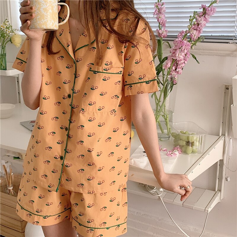 cute cherry summer pajamas set lapel collar blouses shorts 2 piece set women sleepwear home clothes cotton homewear ins Y530