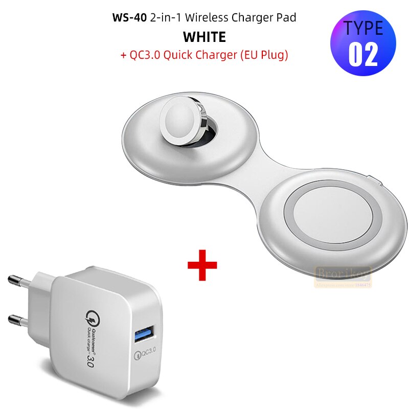 2 in 1 qi dual fast wireless charger pad for iphone 13 12 11 xs xr 8 airpods pro samsung  s20 s21 induction charging dock station: Type 2 white  qc3.0