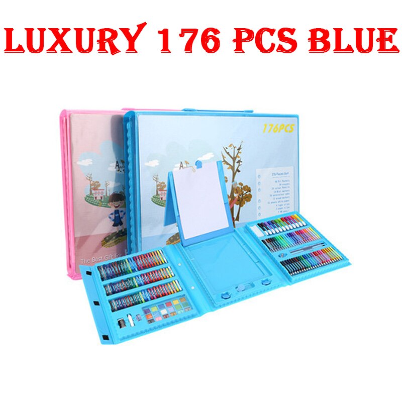 42-208Pcs Kids Draw Set Colored Pencil Crayon Watercolor Pens with Drawing Board Educational Toys Water Painting Art: Luxury 176 pcs Blue