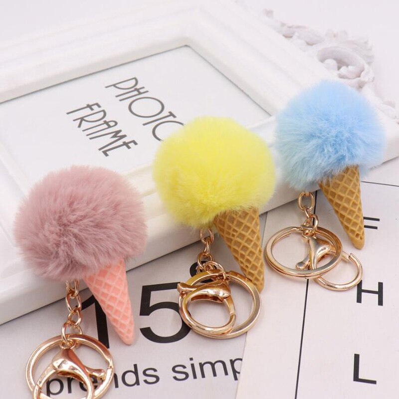 Cute ice cream Keychain Glitter Pompom Key Chain for Women Llaveros Mujer Car Bag Accessories Key Ring Wedding Souvenir