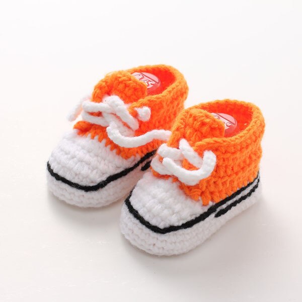 Multifarvet strikket baby krybbe sko håndlavet spædbarn hæklede støvletter snøre nyfødte sko 10cm: Orange