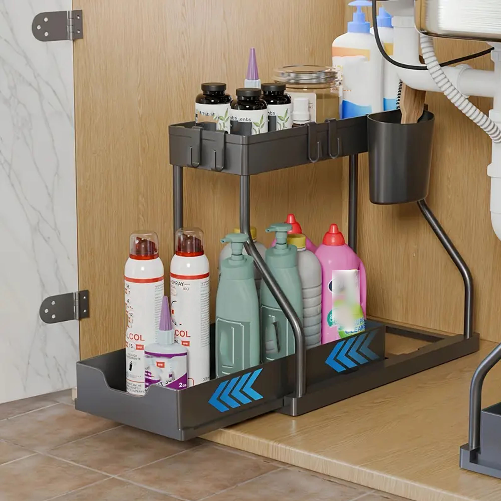 1-delig dubbellaags uittrekbaar opbergrek voor keuken, bureau en badkamer onder gootsteen, multifunctioneel R-vormig push-pull kastopbergrek, multifunctioneel desktop badkameropbergrek, lade-organisatie en opbergrek