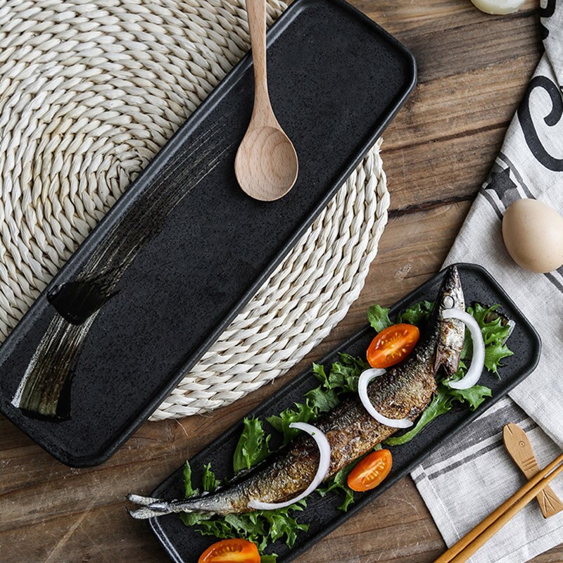 12 Inch Japanese Ceramic Black Sushi Dessert Tray Retro Rectangular Tableware Modern Household Dish Tray Sushi Kitchen Tableware