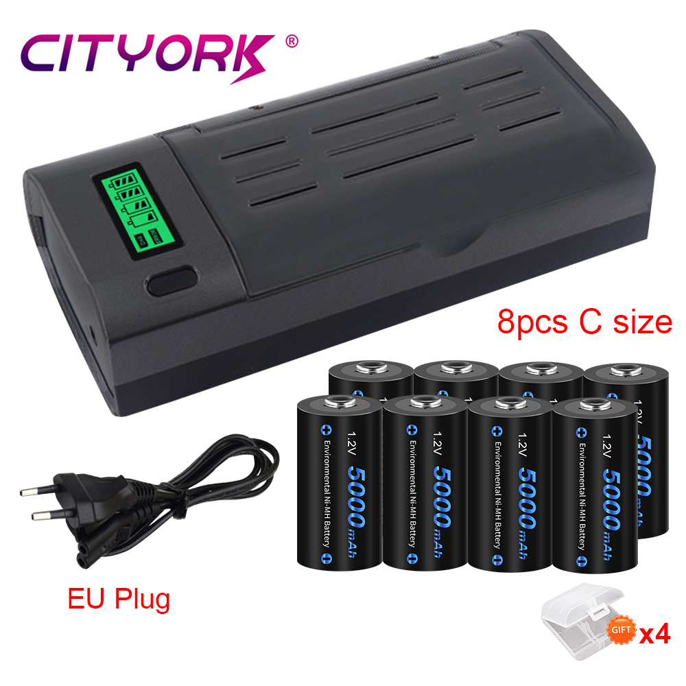 CITYORK 5000mAh C Size Rechargeable Battery 1.2V R14 LR14 NIMH C Battery Batteries With 9V 1.2V AA AAA C D NIMH Battery Charger: RED