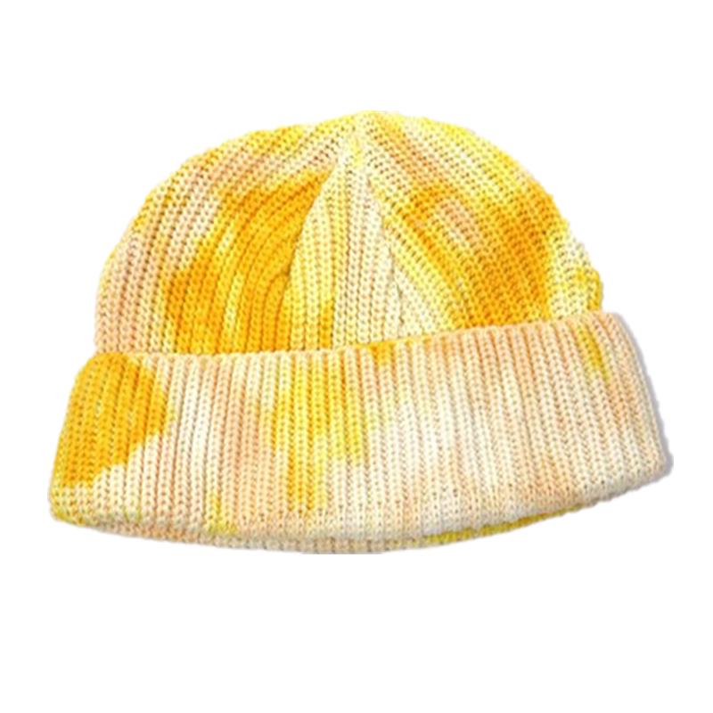 Unisex Autumn Winter Tie-Dye Ribbed Knitted Hat Soft Cuffed Short Melon Cap Men Women Sailor Style Beanie Hat: Yellow