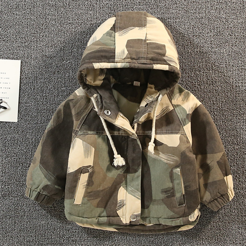 Buitenlandse Jongen Dikke Jas Herfst En Winter Kleding Kinderen Camouflage Korte Plus Fluwelen Windjack Jongen Tij