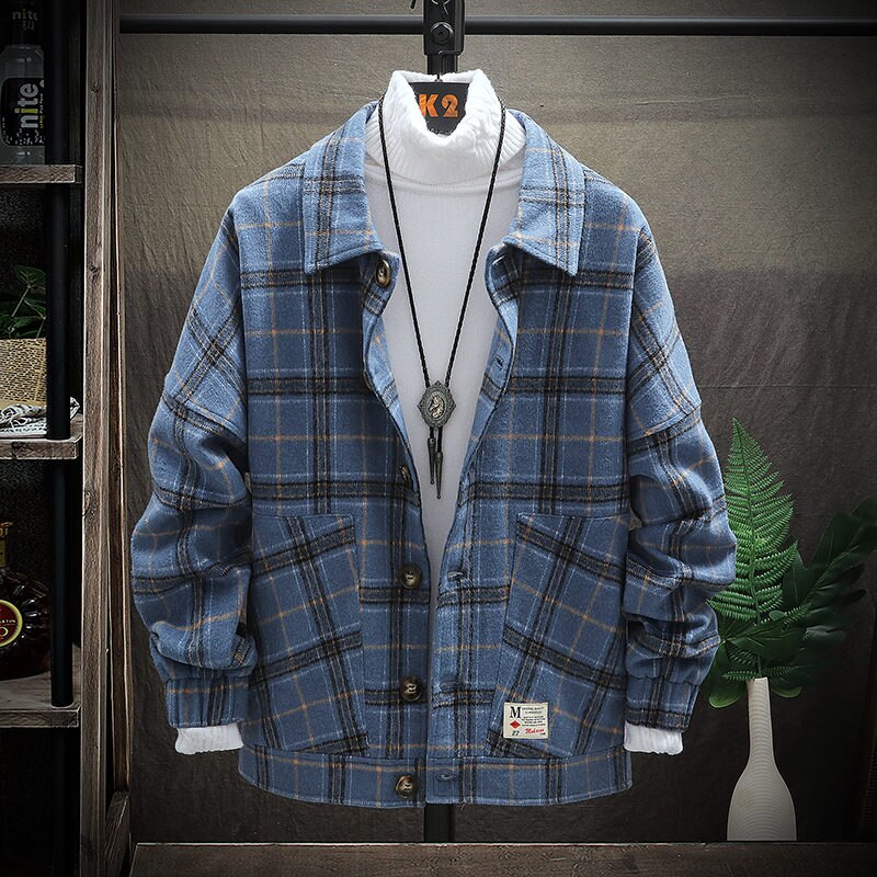 Singleroad yllejacka herr vår retro vintage casual ull rutig kappa manlig rockar jackor koreanska streetwear man: Blå rock / Asiatisk-l