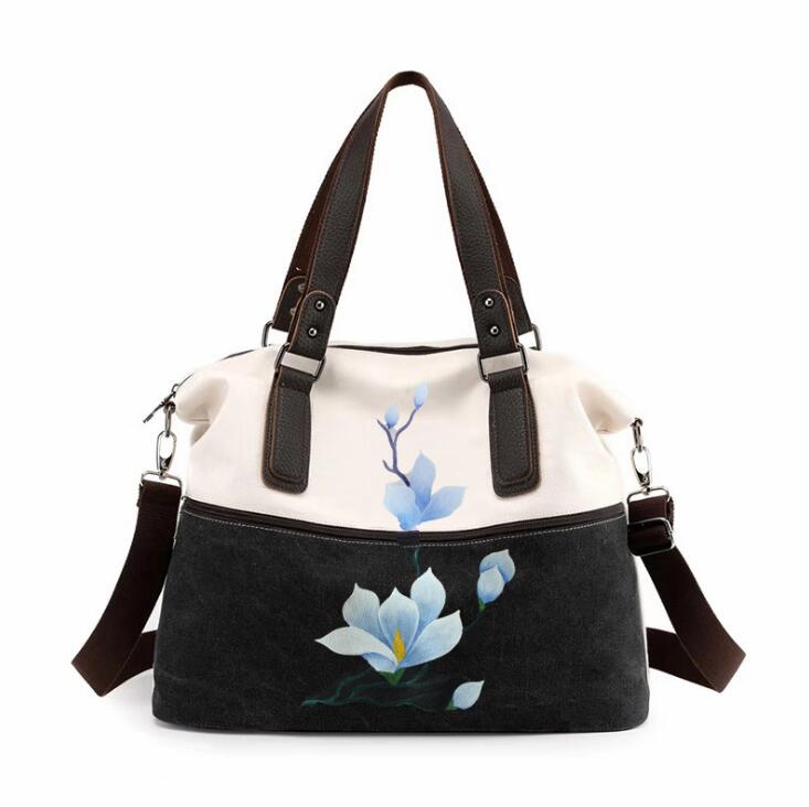 Bolso pintado a mano, bolso de lona de estilo nacional, bolso de hombro inclinado, bolso para mujeres retro , bolso versátil de h: Black