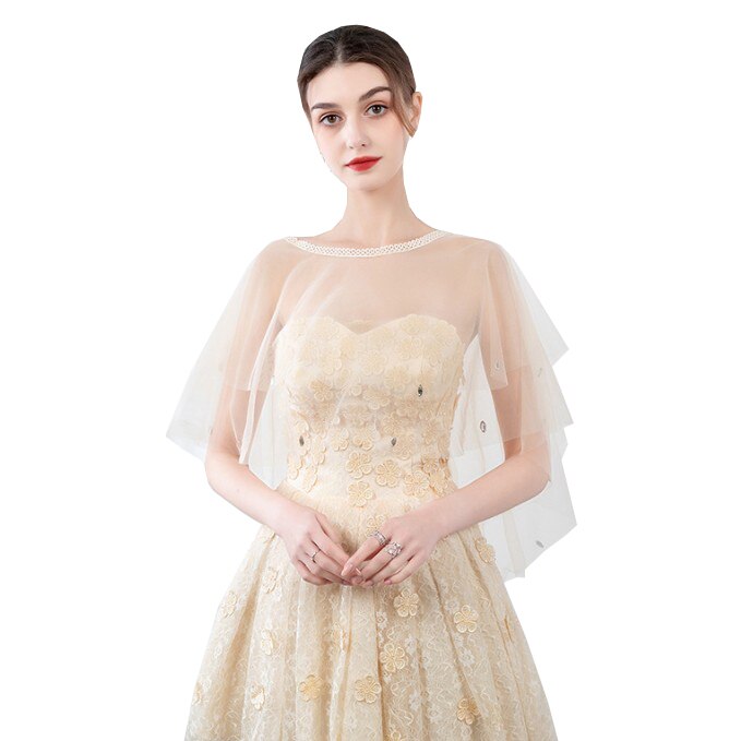 Zomer rode blauwe tule bruidsomslagdoeken sjaal dames avond cape bolero strass bruidsjurk bruiloft feest jassen omslagdoek: Champagne