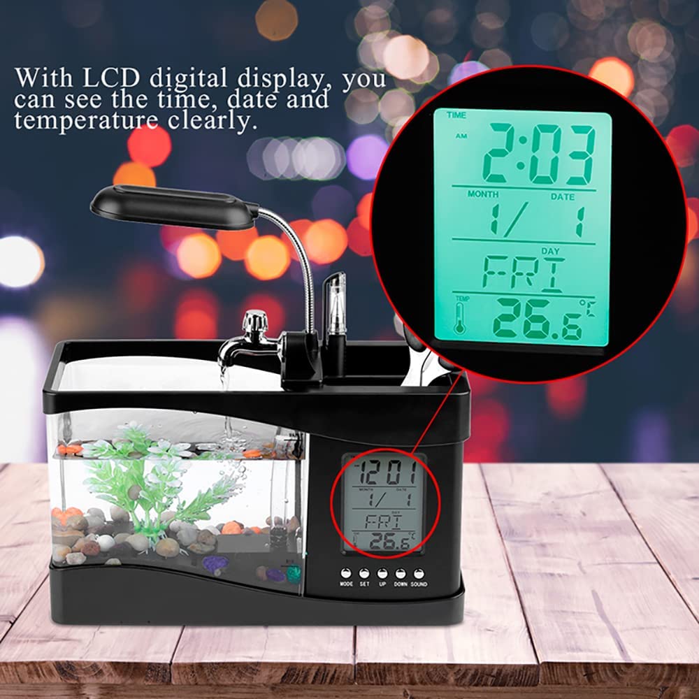 1PCDC 5V USB Schreibtisch Mini Aquarium Aquarium LCD Timer Uhr LED Lampe Licht Schwarz Farbe 24*10*14cm