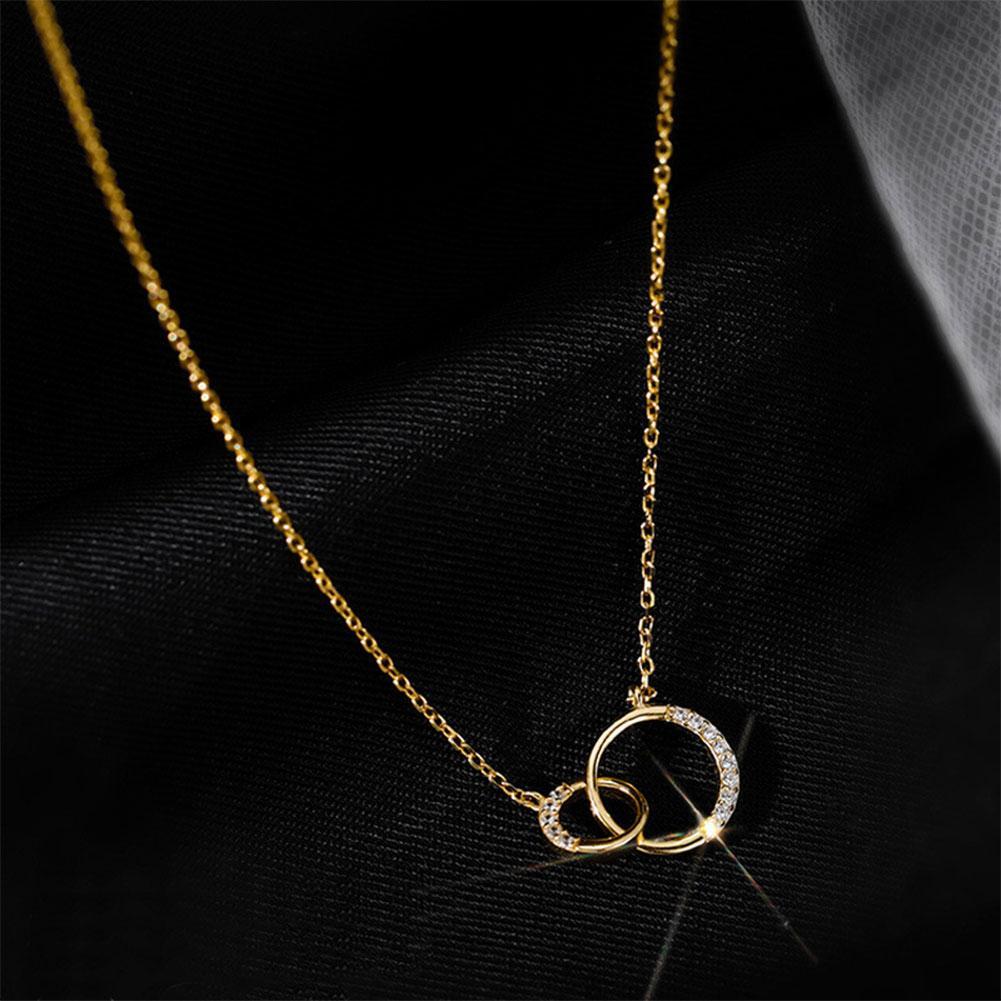 Silver Necklace with simple double circle zircon necklace Korean silver jewelry engagement