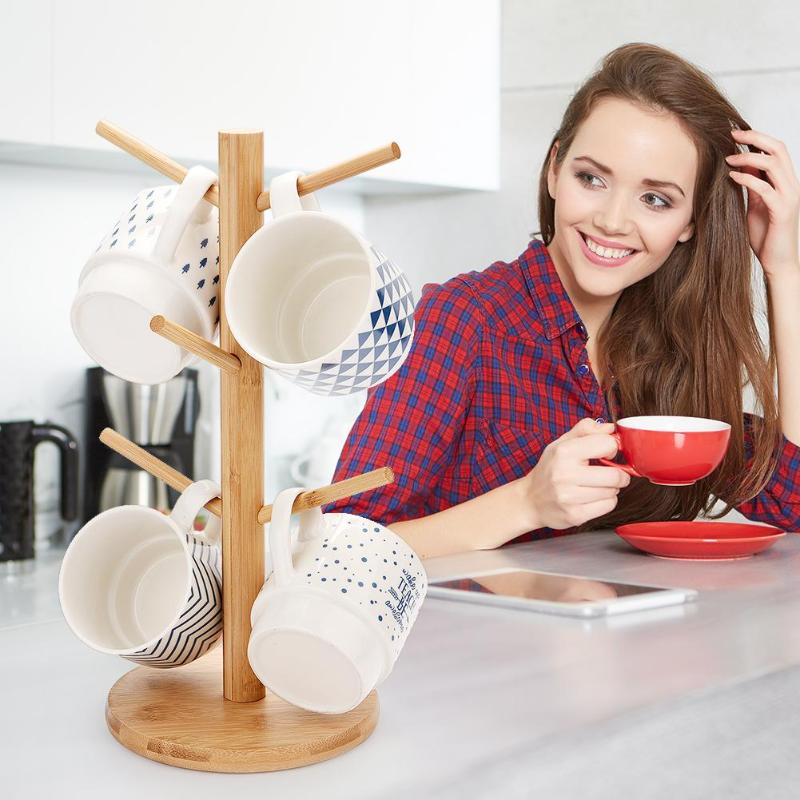 Solid Wood Kitchen Storage Rack Mug Rack Tree Removable Bamboo Mug Stand Storage Coffee Tea Cup Organizer Hanger Holder