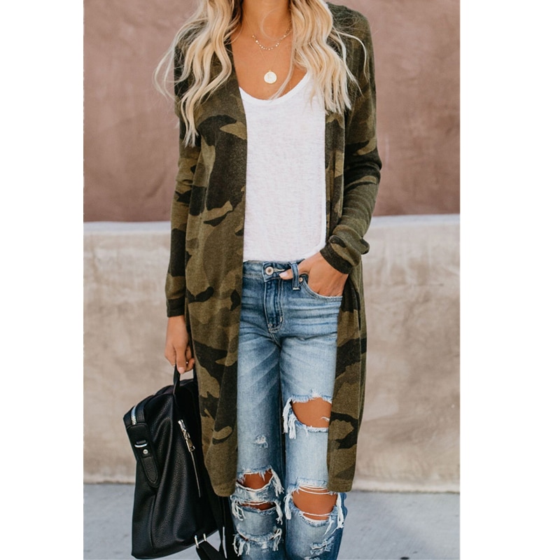 Herfst dames camouflage luipaard print lange mouwen vest jassen knooploze dames lange vest jassen plus