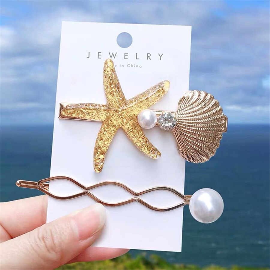 Mode Haarspelden Vrouwen Haar Accessoires Grote Zeester Sea Verkoop Simulatie Pearl Barrette Dames Hoofd Pins Clip Set Hoofddeksel: S2-Brown