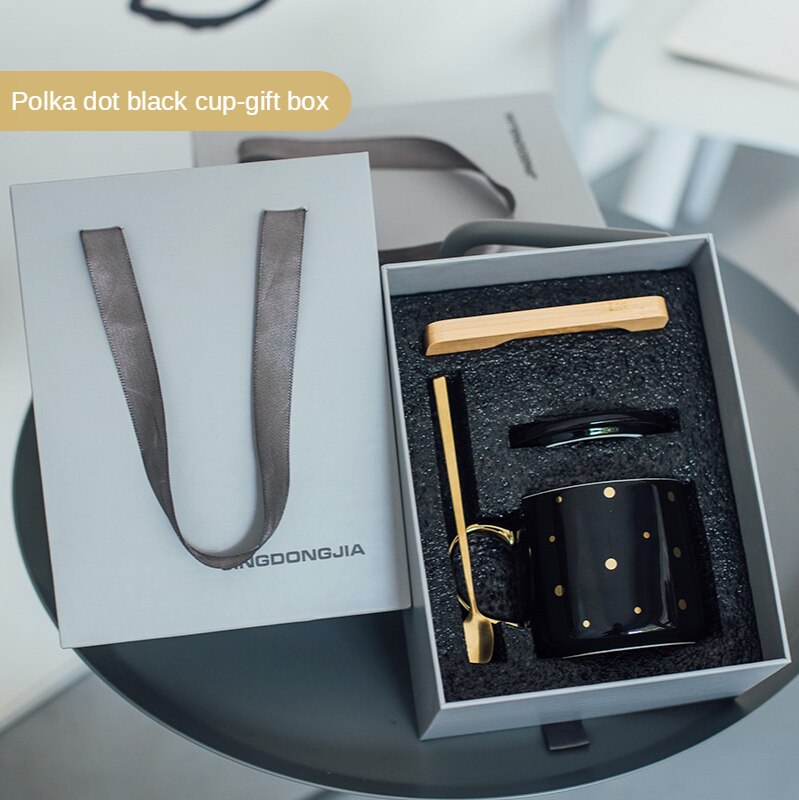Taza de café de lujo con estampado de lunares a cuadros, geométrica, de cerámica, para desayuno, taza de leche y agua, creativos para parejas: black dot gift box