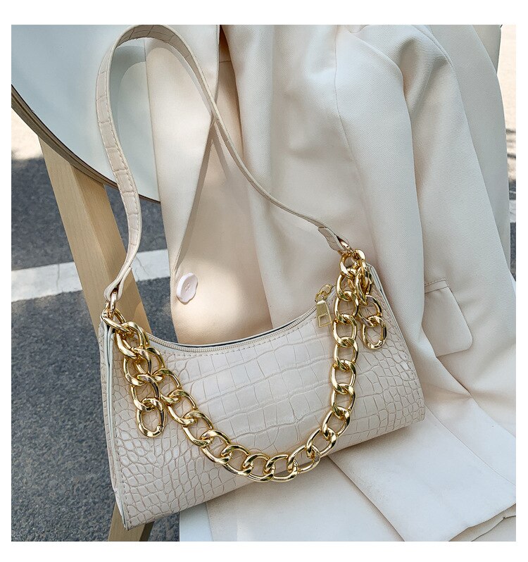Women Leather Thick Chain Shoulder Bag Casual Daily Travel Female Handbags: White