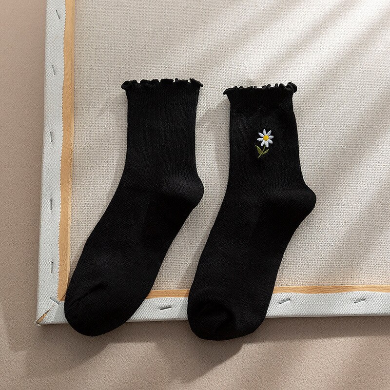 sunflower frilly socks cartoon woman kawaii calcetines cute women skarpetki meias kobieta skarpety femme chaussettes calcetas: black