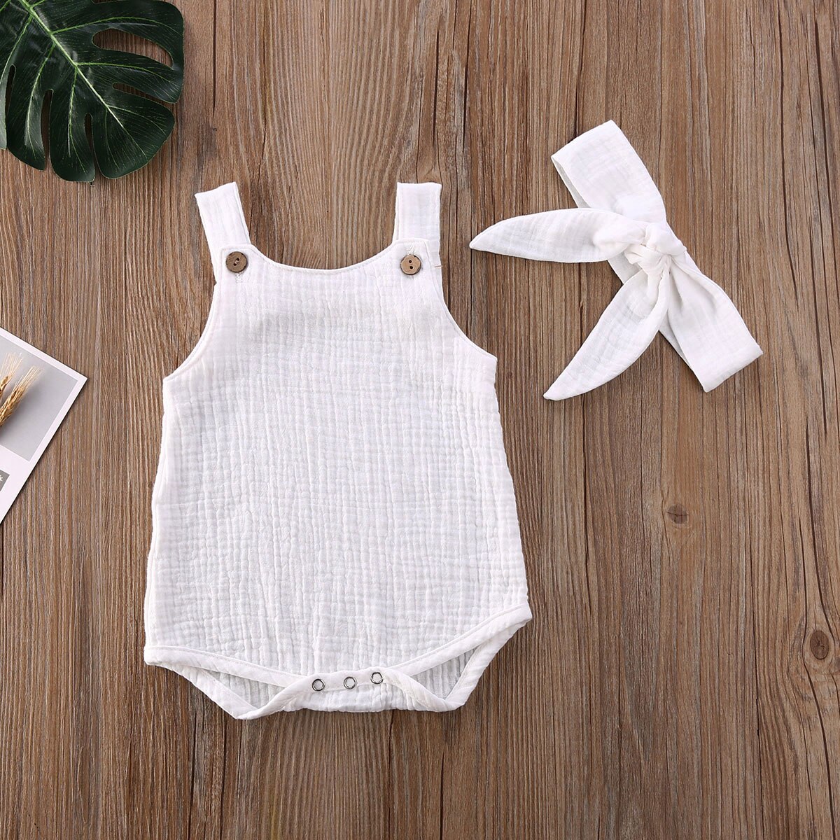0-24M Zomer Baby Meisjes Kleding Soild Mouwloze Romper + Hoofdband Leuke Kinderen Meisjes Jumpsuit Speelpakje Outfits: WHITE / 0-6Months