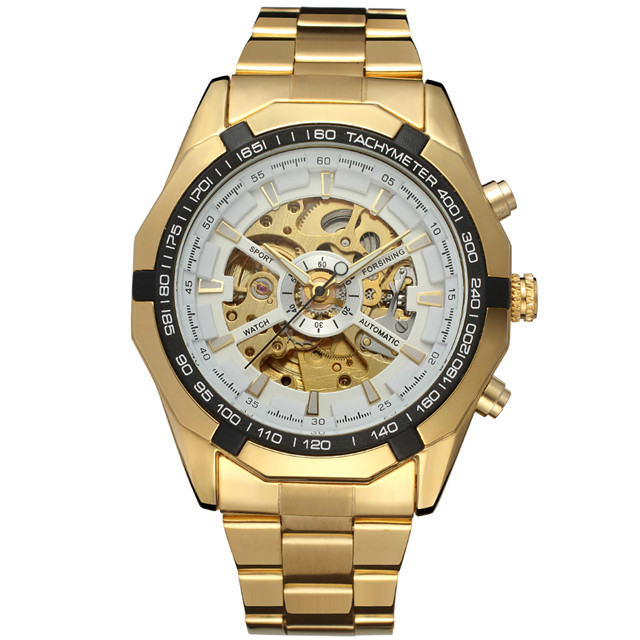 Full Golden Steampunk Men Skeleton Mechanical Automatic Casual Wrist Watches for Men: gold white