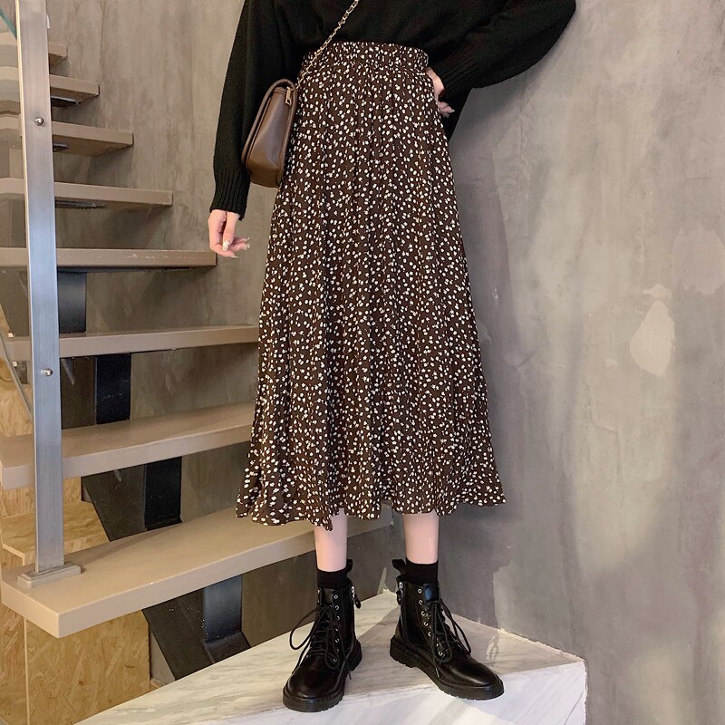 Faldas largas plisadas de estilo Pastoral para mujer, faldas holgadas de cintura elástica, elegantes con estampado Floral: coffee