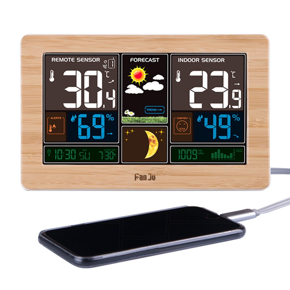FanJu FJ3378 Weather Station Wall Barometer Forecast Temperature Humidity Wireless Sensor Indoor Outdoor Hygrometer USB Charger: Goldenrod