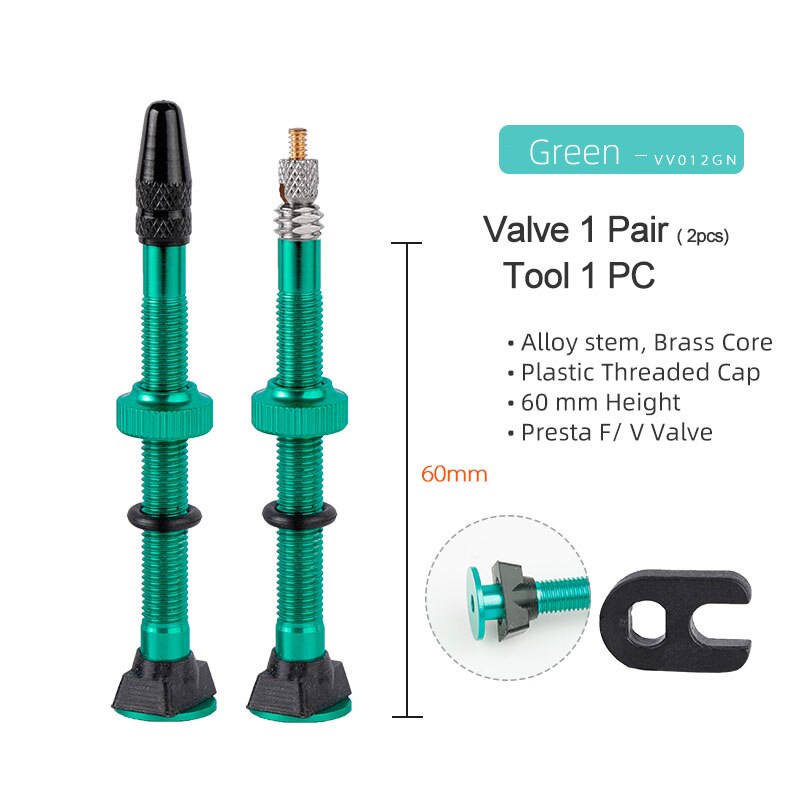 1 paar 60mm Presta Ventil für Road Tubeless Felge Messing Core W/Legierung Kappe & Werkzeug: 60mm Alloy Green B