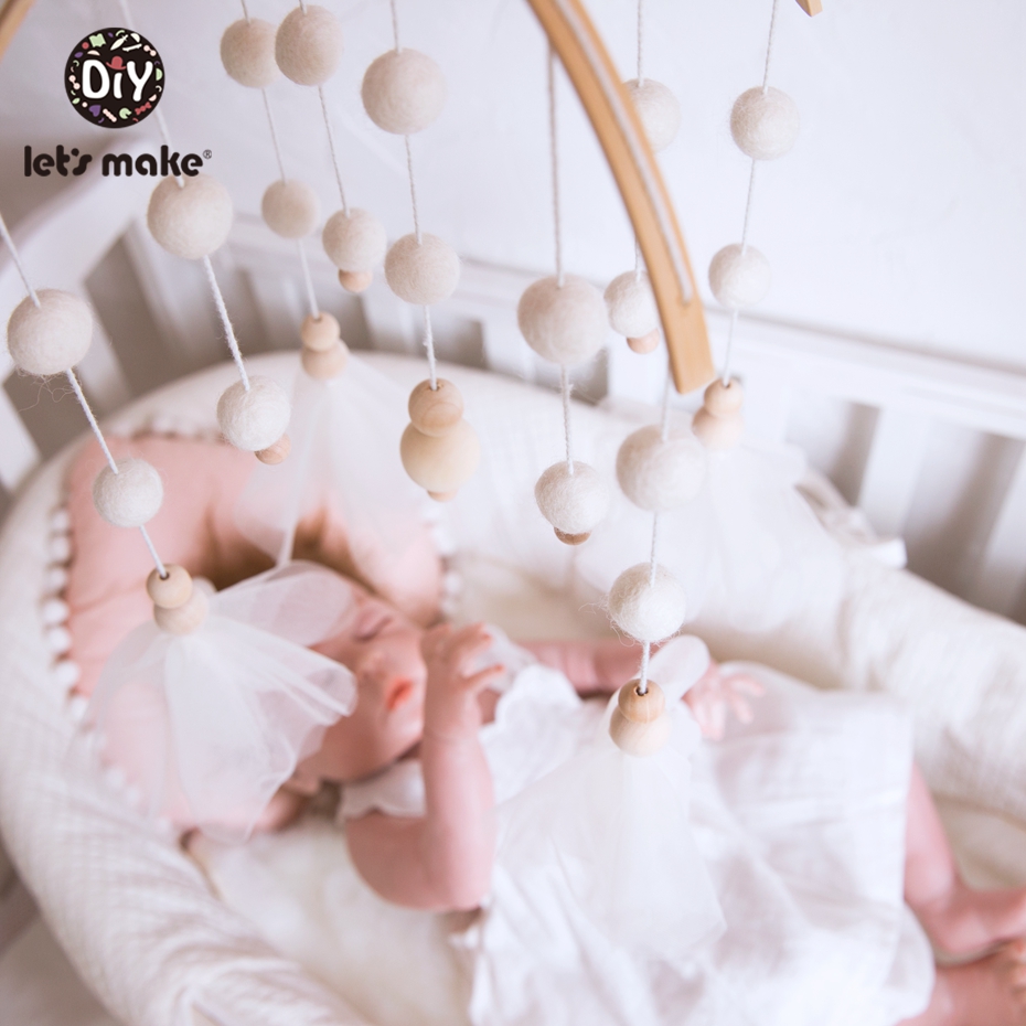 Let's Maken Houten Baby Bed Speelgoed Wieg Mobiele Baby Kamer Kinderwagen Muziek Baby Vilt Wol Bal Rammelaars Houten Bijtring speelgoed