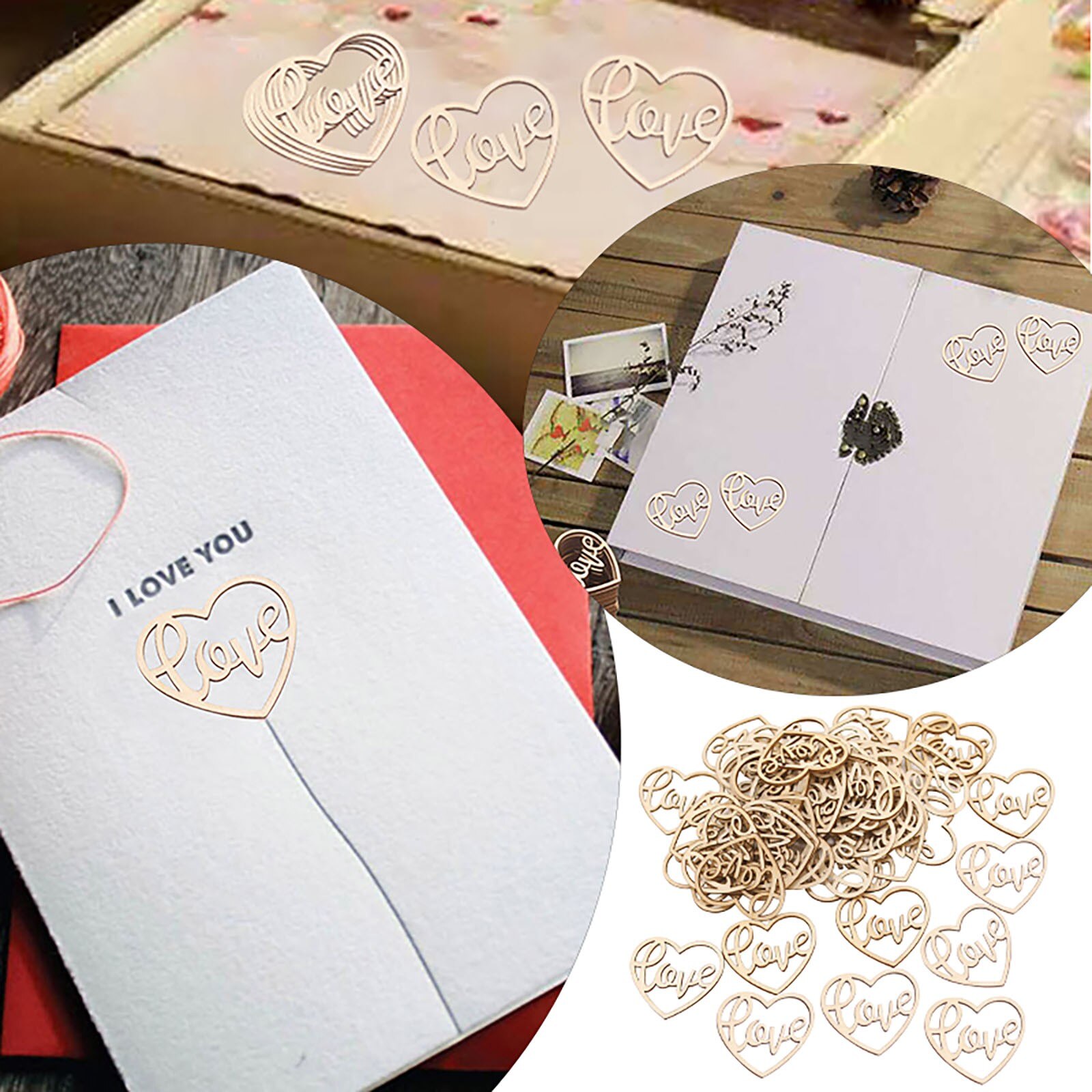 100Pcs Heart Shaped Wooden Hanging Ornament Hearts Handcraft for Wedding Valentine's Day DIY Wood Craft Home Decoration