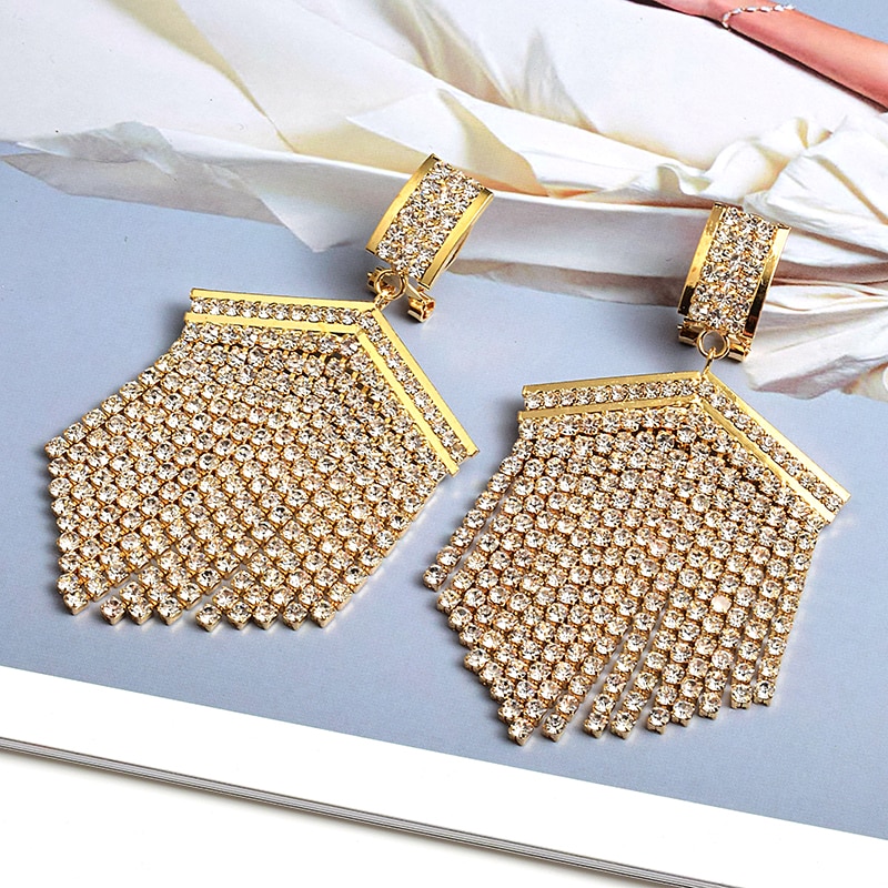 Gold Metal Clear Rhinestone Lange Oorbellen Dangle Crystal Keten Kwastje Sieraden Accessoires Voor Vrouwen