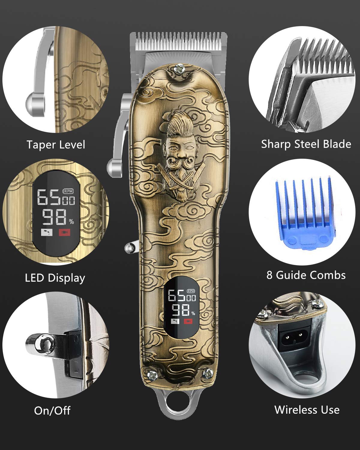 Resuxi 6500Rpm Goldfx Metalen Body Draadloze Sierlijke Tondeuse Professionele Kapper Draadloze Tondeuse Baard Trimmer Grooming