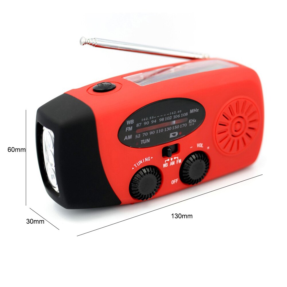 Radio portátil de mano alimentada por dinamo Solar, carga USB, FM, AM, WB, NOAA, multifuncional, meteorológica, con linterna LED, Banco de energía