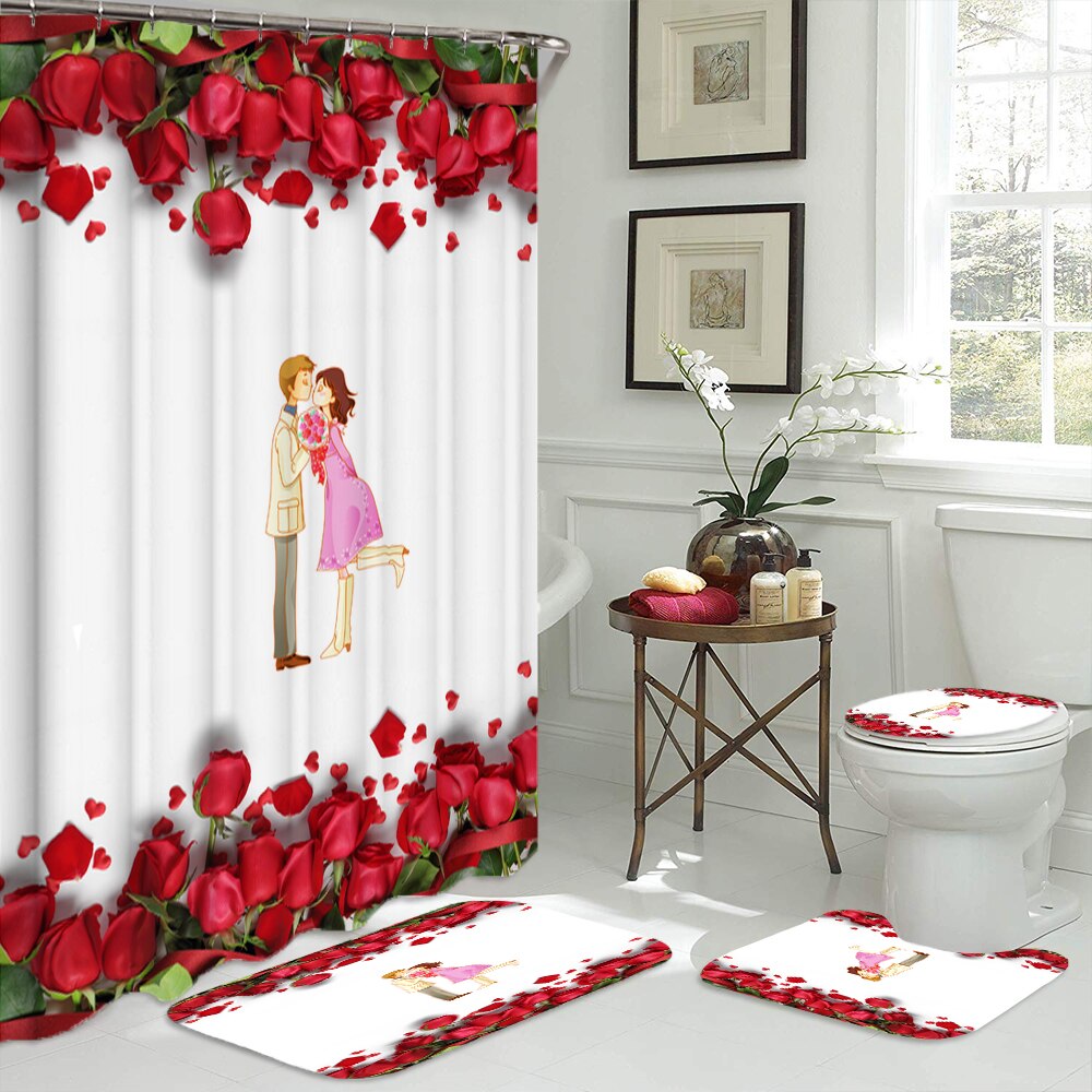 Rose lover badrumsgardin vattentät tyg duschdraperi 3d toalettöverdrag matta halkfri matta set alla hjärtans dag dekoration: B 4 st
