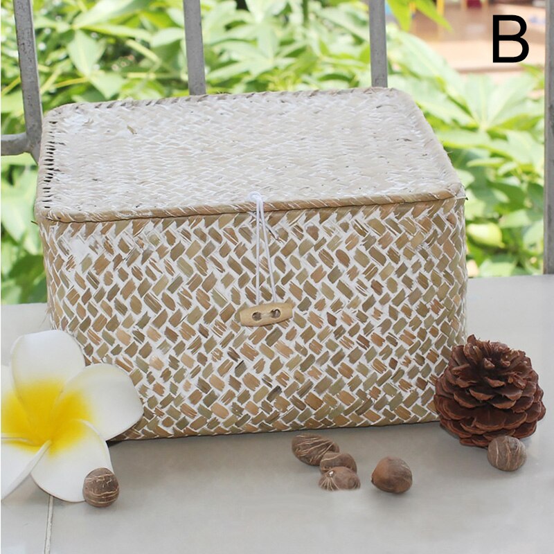 Opbergdoos Zeegras Rotan Rechthoekige Mand Deksel Keuken Fruit Groente Weven Case Slaapkamer Huishoudelijke Thuis Leveringen: B