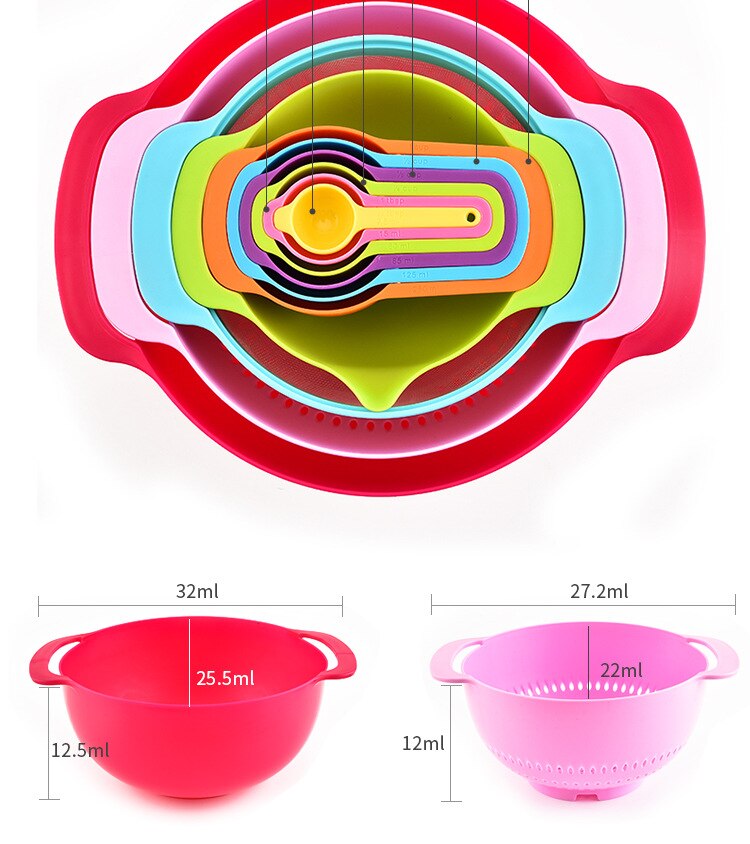 Baking Rainbow Bowl Plastic Measuring Cup Bowl 10-Piece Set with Scale Measuring Spoon Integrated Nano Sieve Set