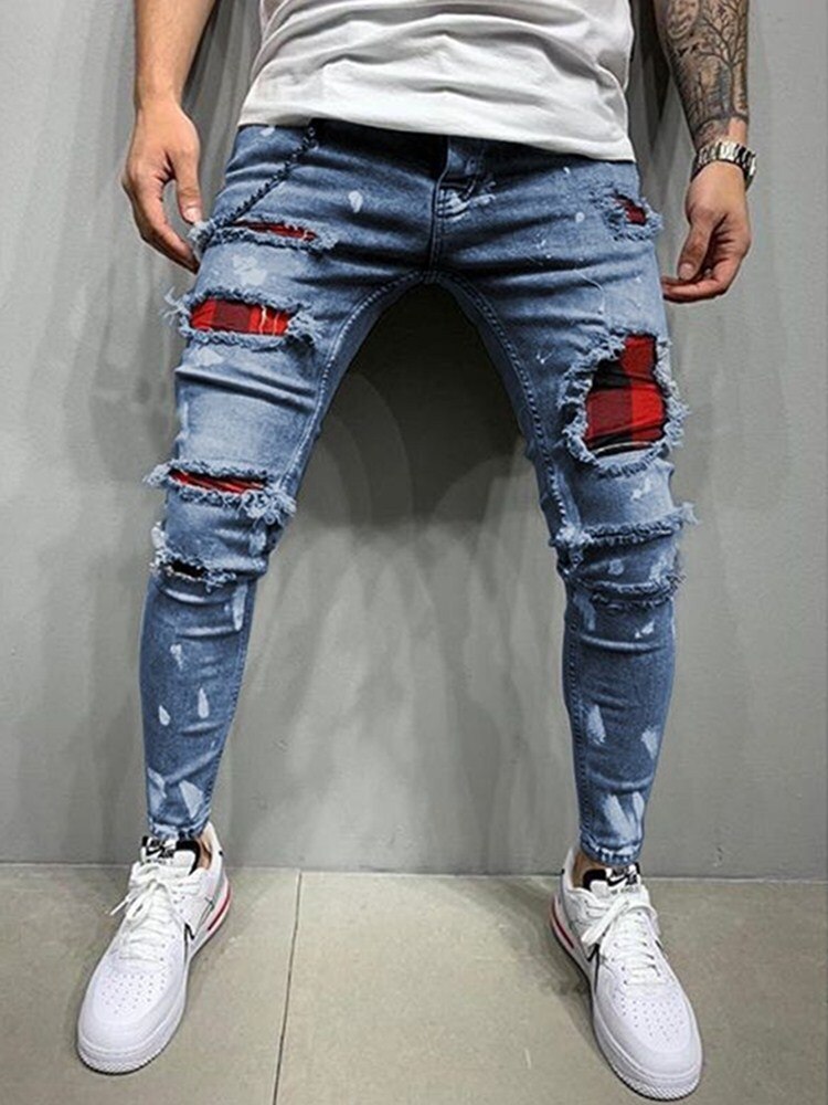 Vaqueros rasgados ajustados para hombre, pantalones pitillo ajustados con estampado de letras, ropa de calle, disfraz de tela vaquera con fecha de ,: Blue / S