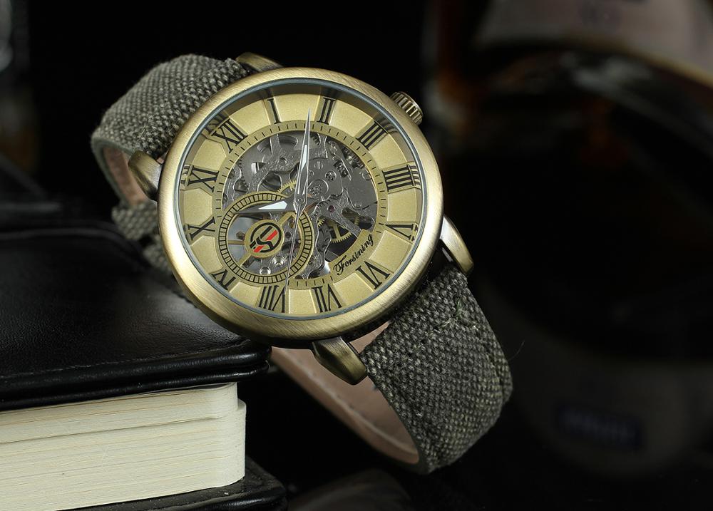 Forsining Mannen Horloge Skeleton Mechanische Hand Wind Canvas Strap Stijlvolle Romeinse Cijfers Vogue Horloge Heren Horloges