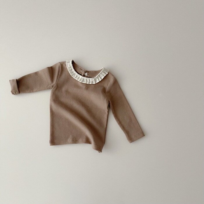 Lente Herfst Baby Meisje Lange Mouw T-shirt Katoen Meisjes Ruche Kraag Tops Zoete Prinses Baby Dieptepunt Shirts 0-24M: khaki / 6M  66cm