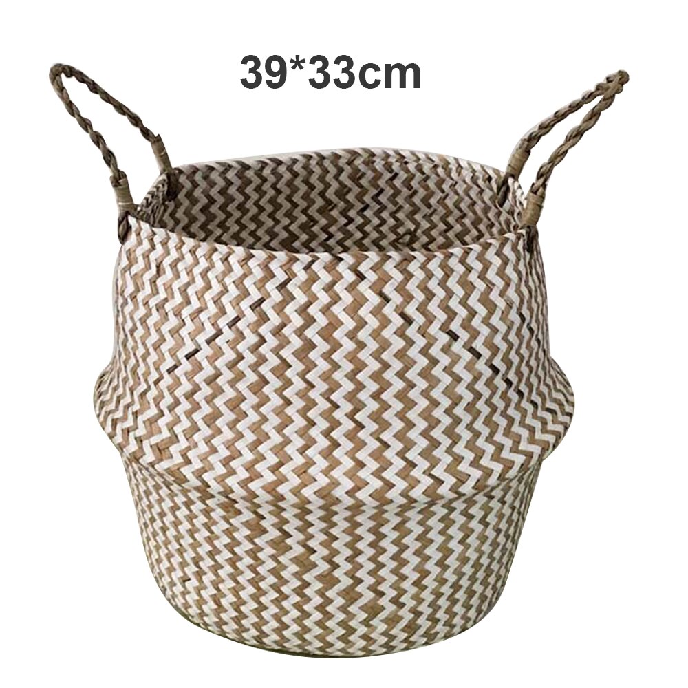 Bamboo Storage Baskets Foldable Laundry Straw Patchwork Wicker Rattan Seagrass Belly Garden Flower Pot Planter Baskets: 2 / 39x33cm