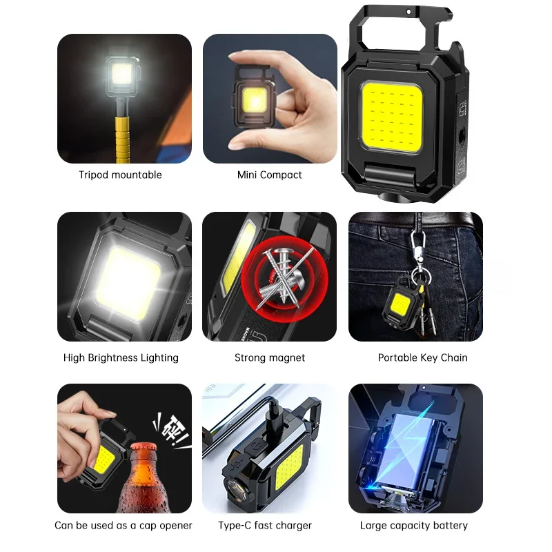 Mini-zaklamp sleutelhangerlicht COB-werklamp USB oplaadbare lamp met 90 ° Opvouwbare zijlichten Superheldere draagbare lantaarns