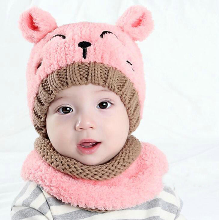 Los niños sombrero gorrito para bebé invierno Bebé invierno gatito gorro bufanda para niños conjunto: Rosa / 6-12 m