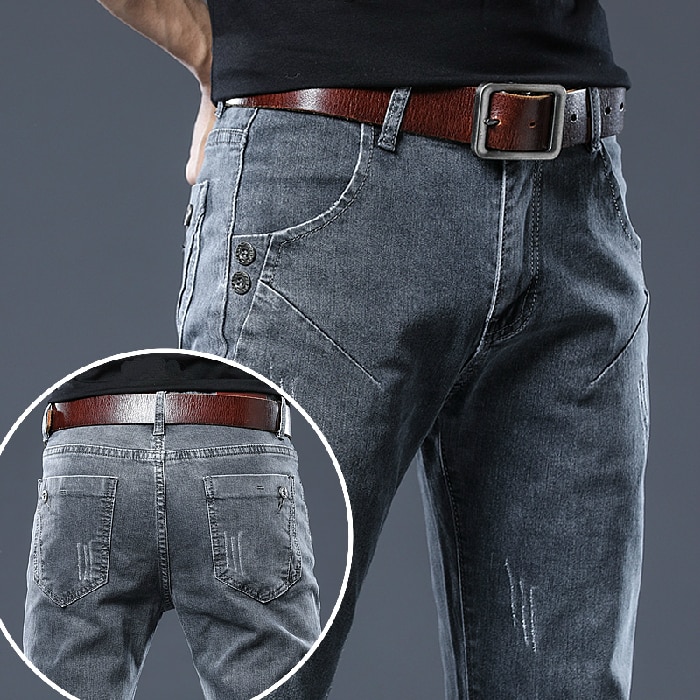 Jeans mænd casual flim fit denim bukser stretch straight mænd skinny jeans bukser grå denim bukser streetwear