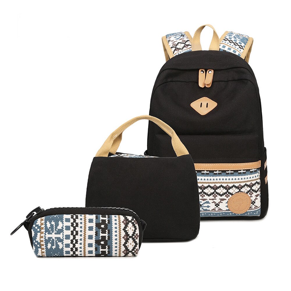 3 in 1 rugzak junior high schooltas canvas stippenprint tienermeisjes lichtgewicht laptoprugzakken met geïsoleerde tas + etui: Geometrisch zwart