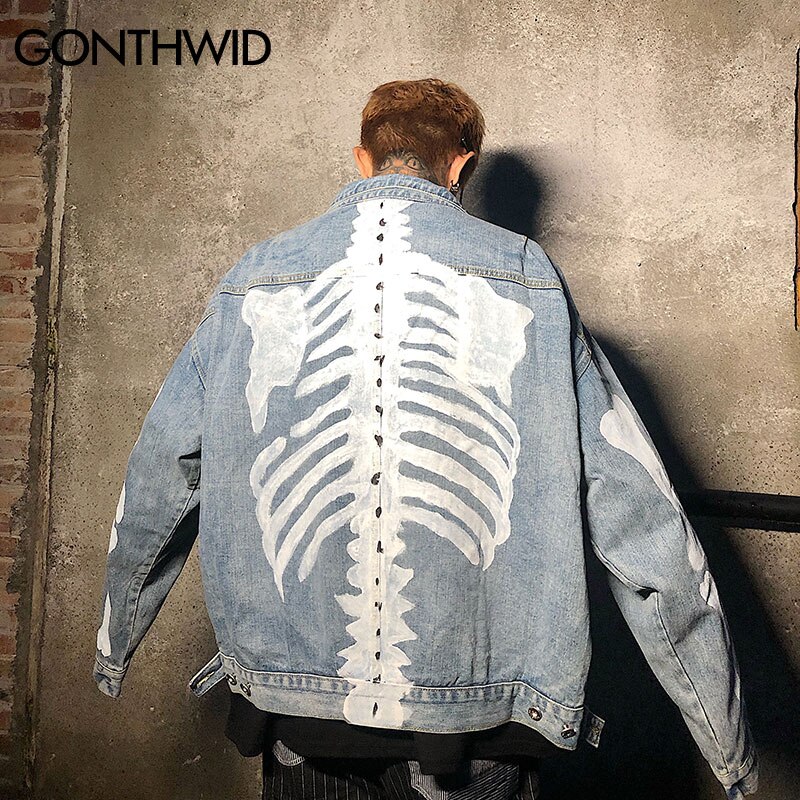 GONTHWID Graffiti esqueleto huesos imprimir chaqueta de mezclilla Streetwear hombres Hip Hop Punk Rock Jean abrigos Casual chaquetas