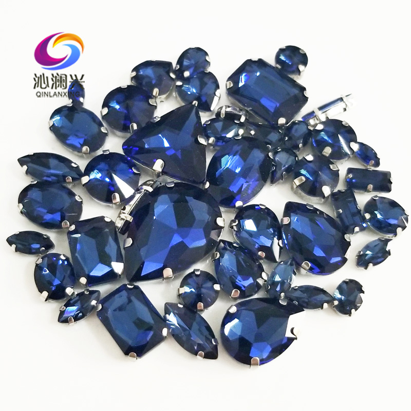 Factory sales 68 stks/zak Inkt blauwe kleur mix size top glas kristal naaien op stenen, mix vorm strass diy/Kleding accessorie