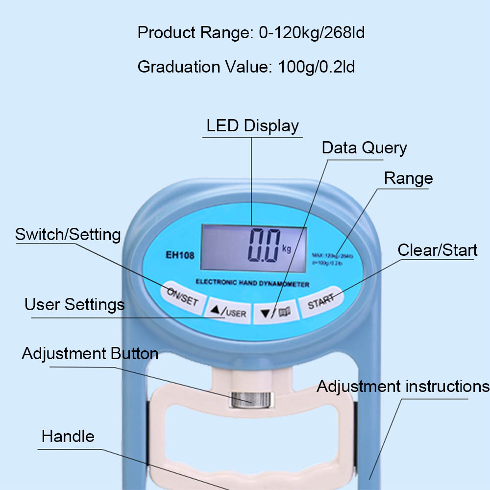 Dinamómetro Digital de mano, medidor de medición de fuerza de agarre, captura automática, potencia de agarre electrónico, 264 libras/120 kg