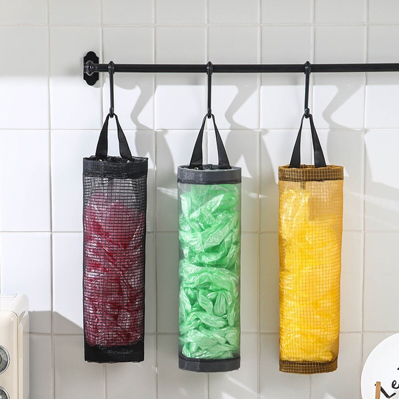 Sac de rangement en plastique en maille, sac plastique suspendu, collecteur de déchets de cuisine, extraction et stockage