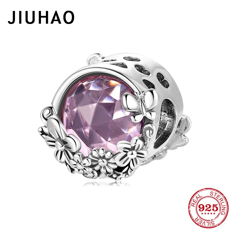 Pink Zircon Garden Flowers 925 Sterling Silver Charm for Women Original Charm Bracelet Jewelry Making